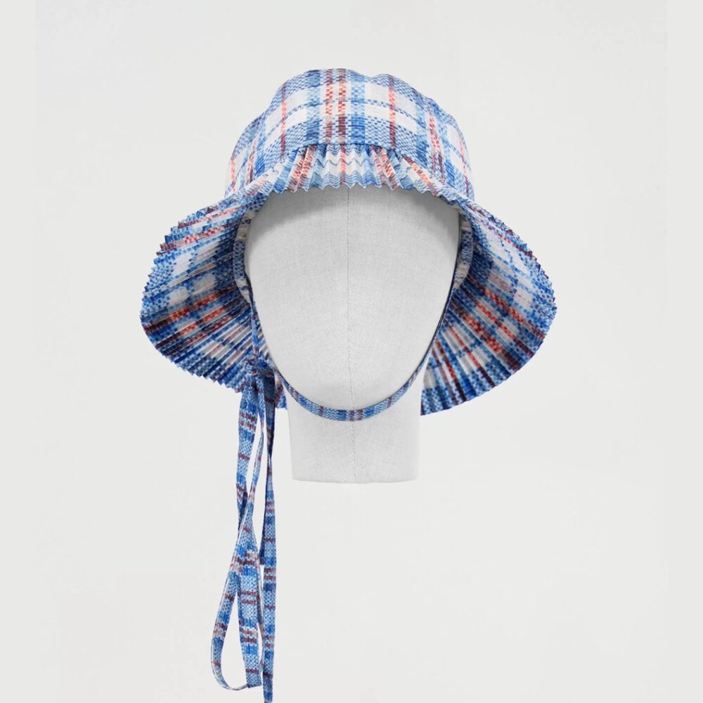 NWT Mario's Pleated Bucket Hero Hat Blue Tartan Plaid Preppy Summer Beach